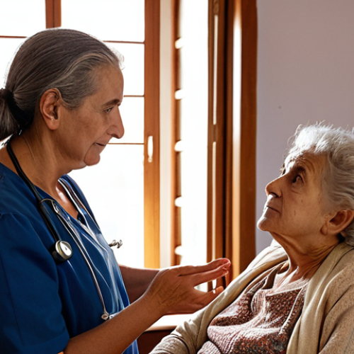**

A compassionate doctor actively listening to an elderly Portuguese woman in her home. Soft, natural lighting. The doctor is making eye contact and nodding, displaying empathy. The room is decorated with traditional Portuguese elements. Focus on capturing the warmth and connection of narrative medicine in a home setting.

**