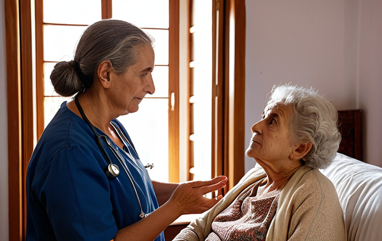 **

A compassionate doctor actively listening to an elderly Portuguese woman in her home. Soft, natural lighting. The doctor is making eye contact and nodding, displaying empathy. The room is decorated with traditional Portuguese elements. Focus on capturing the warmth and connection of narrative medicine in a home setting.

**
