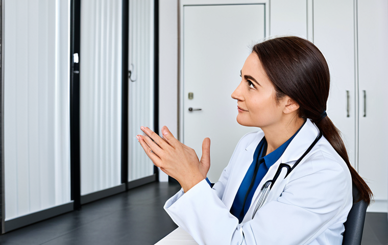 Empathetic Doctor Listening**
"A professional doctor in a clean, modern office, fully clothed in a modest lab coat and professional attire, sitting attentively and listening to a fully clothed patient. The doctor is making eye contact and has a kind, understanding expression. The scene is safe for work and appropriate content, demonstrating active listening and empathy. Perfect anatomy, correct proportions, natural pose, well-formed hands, proper finger count, natural body proportions, professional photography, high quality."
**