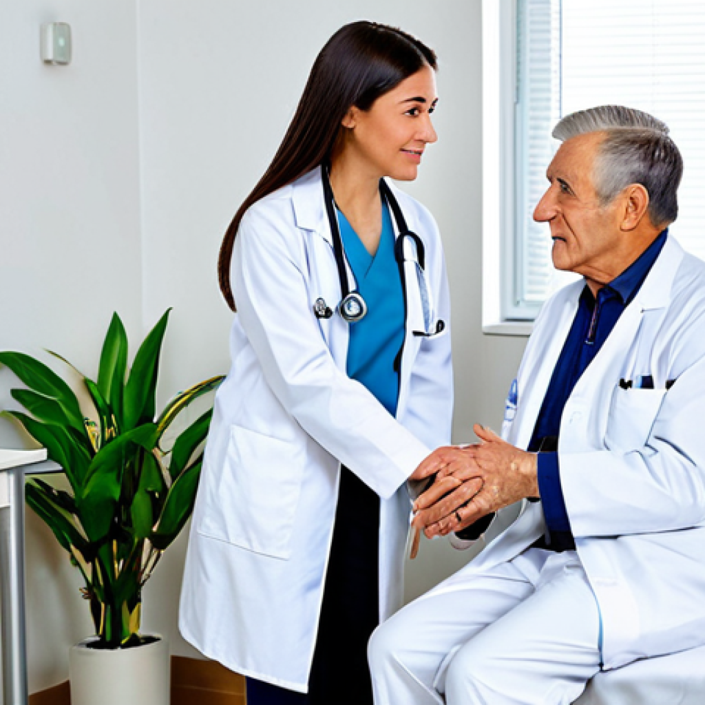 **
A compassionate doctor in a modern, well-lit clinic, fully clothed in professional attire (white coat, scrubs underneath). The doctor is kneeling down to listen attentively to an elderly female patient, also fully clothed in comfortable, everyday clothing. The setting includes warm, inviting decor with potted plants and soft lighting. Emphasis on eye contact and a genuine expression of empathy on the doctor's face. Safe for work, appropriate content, professional, family-friendly, perfect anatomy, correct proportions, well-formed hands, proper finger count, natural body proportions. High quality, realistic style.
**