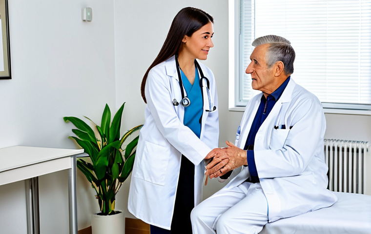 **
A compassionate doctor in a modern, well-lit clinic, fully clothed in professional attire (white coat, scrubs underneath). The doctor is kneeling down to listen attentively to an elderly female patient, also fully clothed in comfortable, everyday clothing. The setting includes warm, inviting decor with potted plants and soft lighting. Emphasis on eye contact and a genuine expression of empathy on the doctor's face. Safe for work, appropriate content, professional, family-friendly, perfect anatomy, correct proportions, well-formed hands, proper finger count, natural body proportions. High quality, realistic style.
**