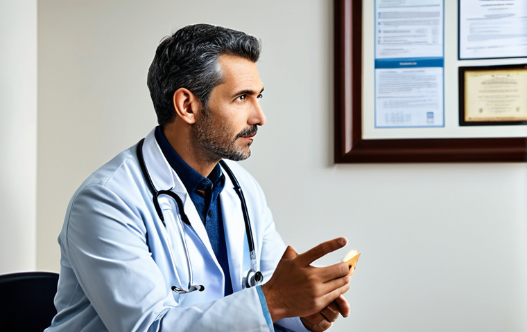 내러티브 의학의 수업 계획 - **A doctor attentively listening to a patient in a clinic.** The patient is fully clothed, sitting ...