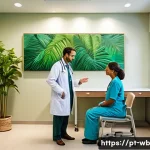Home 22 내러티브 의학의 실천적 접근 - A warm and inviting modern medical consultation room in Brazil, featuring a compassionate doctor att...