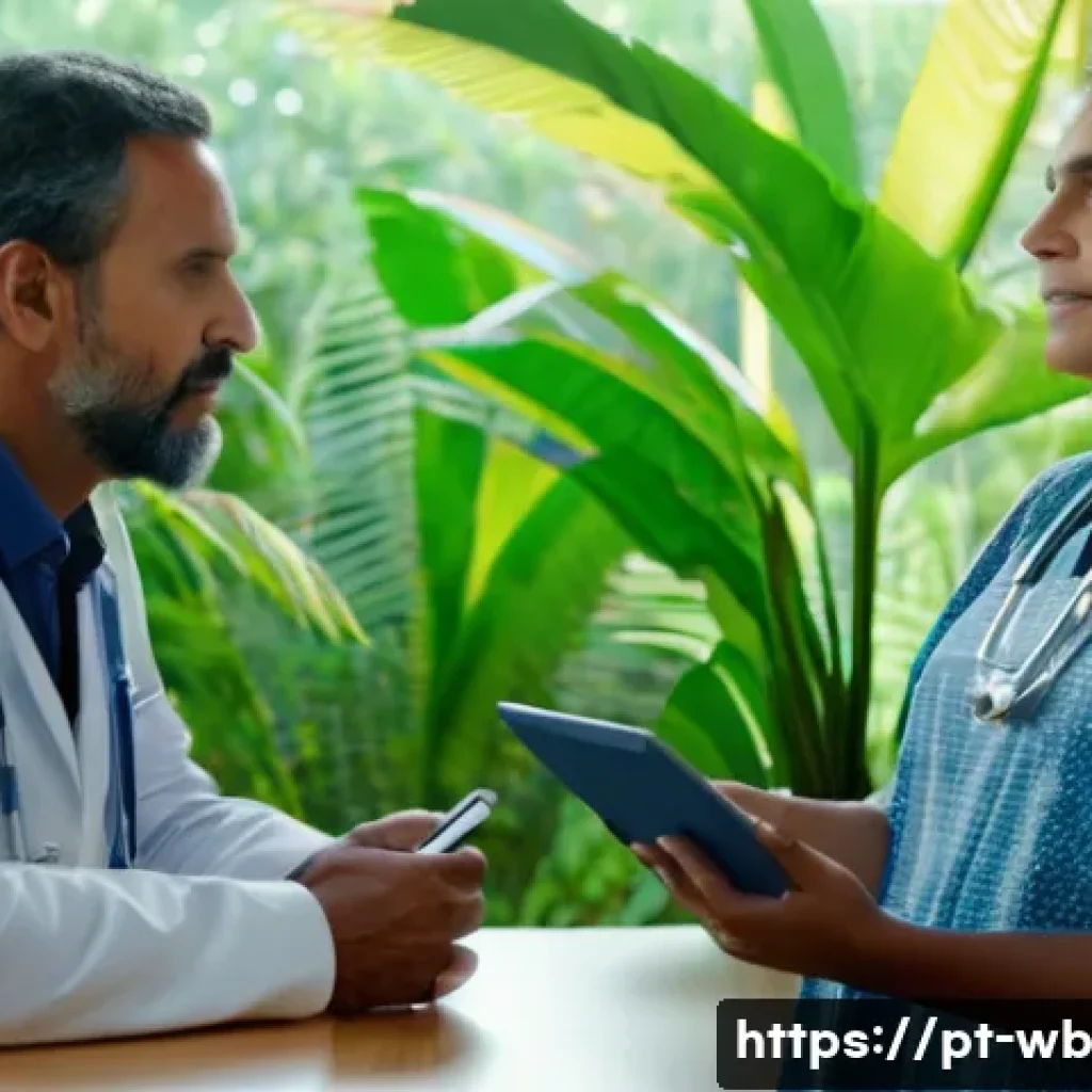 내러티브 의학과 치료의 연속성 - A warm, inviting medical consultation room with a middle-aged Brazilian doctor attentively listening...