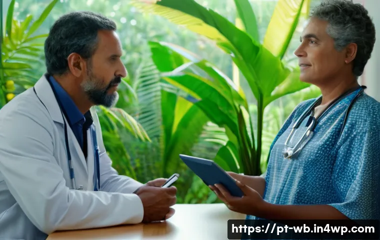 내러티브 의학과 치료의 연속성 - A warm, inviting medical consultation room with a middle-aged Brazilian doctor attentively listening...