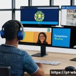 Home 19 내러티브 의학을 위한 온라인 리소스 - A modern digital classroom scene showing diverse adult students from Brazil attending an online cour...