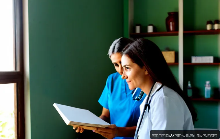내러티브 의학의 관점에서의 질병 이해 - Photorealistic Brazilian family doctor listening attentively to an older patient sharing her health ...